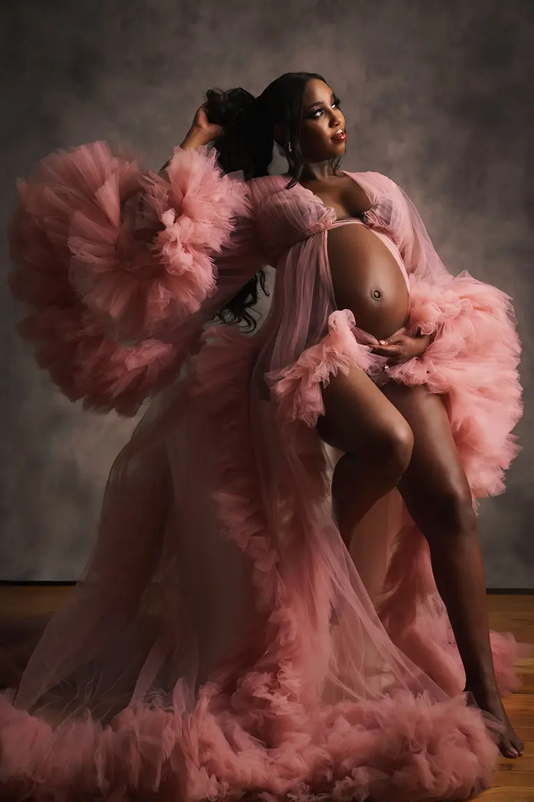 maternity portrait with pink gown - Luxury maternity photographer